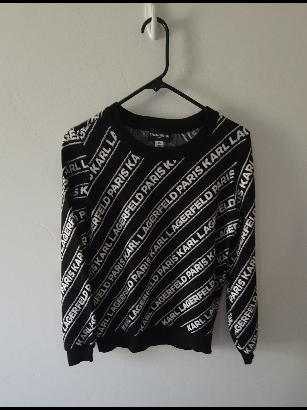 Karl Lagerfeld Black and White Diagonal Logo Crewneck Sweater
